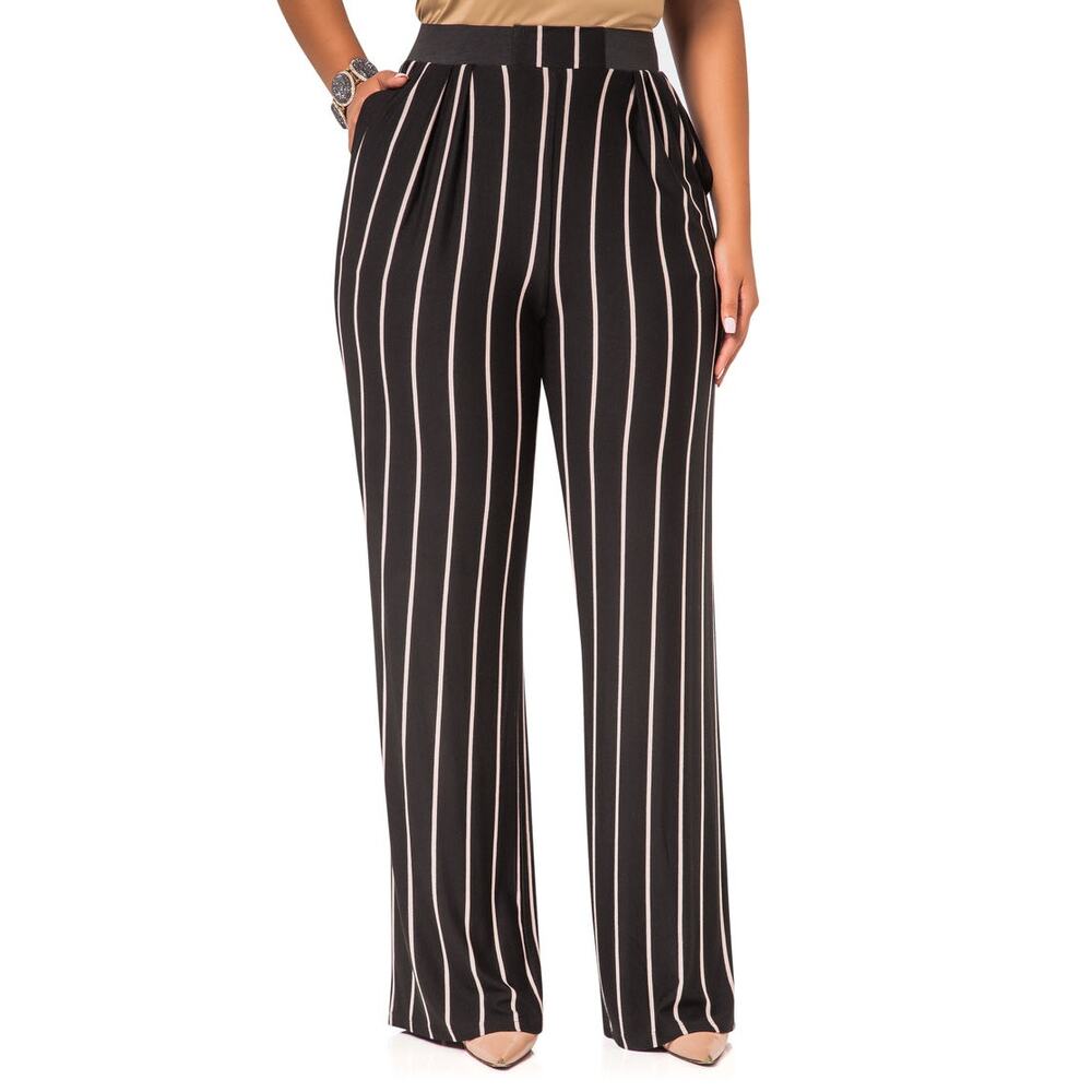 Ashley Stewart Striped Dress Pants Women 26/28 Navy Blue Wide Leg Elastic Waist - Picture 4 of 10